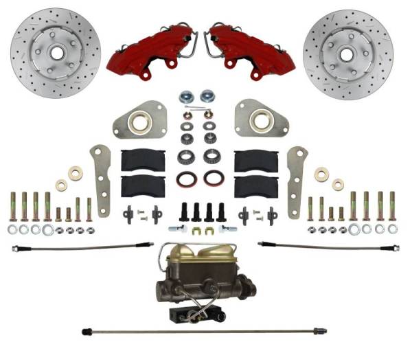 LEED Brakes - LEED Brakes Manual Front Kit with Drilled Rotors and Red Powder Coated Calipers - RFC0025-405X