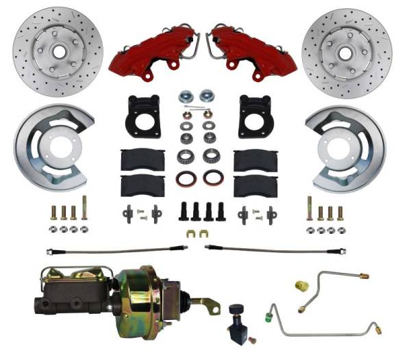 LEED Brakes - LEED Brakes 1964-66 Mustang Power Front Kit with Drilled Rotors and Red Powder Coated Calipers for Factory Manual Transmission Cars - RFC0001-H405MX