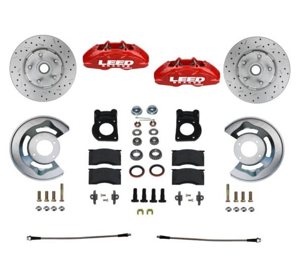 LEED Brakes - LEED Brakes MaxGrip Lite 4 Piston Front Disc Brake Conversion Kit Spindle Mount - 65-69 Ford | Red Powder Coated - RFC0005SMX
