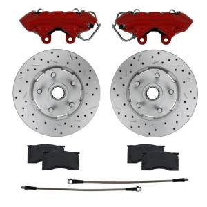 LEED Brakes - LEED Brakes 4 Piston Calipers | Caliper Upgrade for 1964-67 Mustang with MaxGrip XDS Rotors & Red Powder Coated Calipers - RCC0001RKX - Image 1